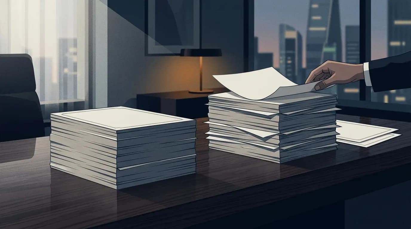 Illustration of two stacks of blank share certificates on a dark office desk, one squared off and one still being counted