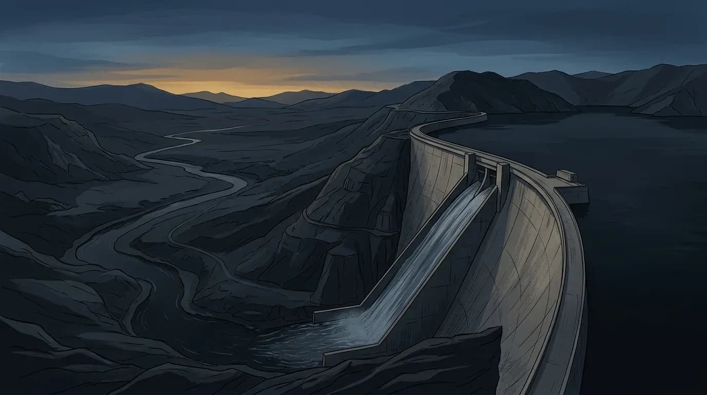 Illustration of a large concrete arch dam at dusk releasing a single controlled stream of water down a spillway chute into a valley river, with the reservoir still held back behind it