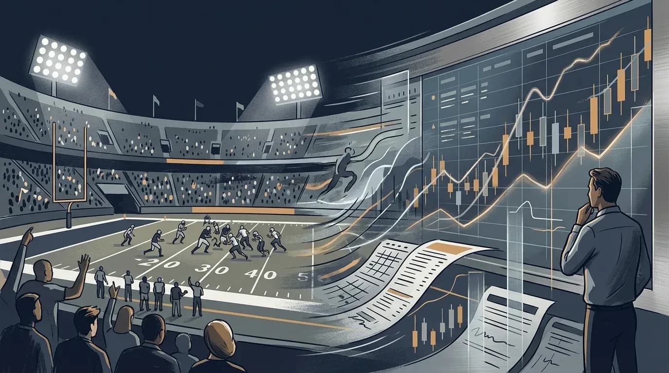 Illustration of an American football stadium dissolving into a rising financial exchange board of price lines and candlestick bars.