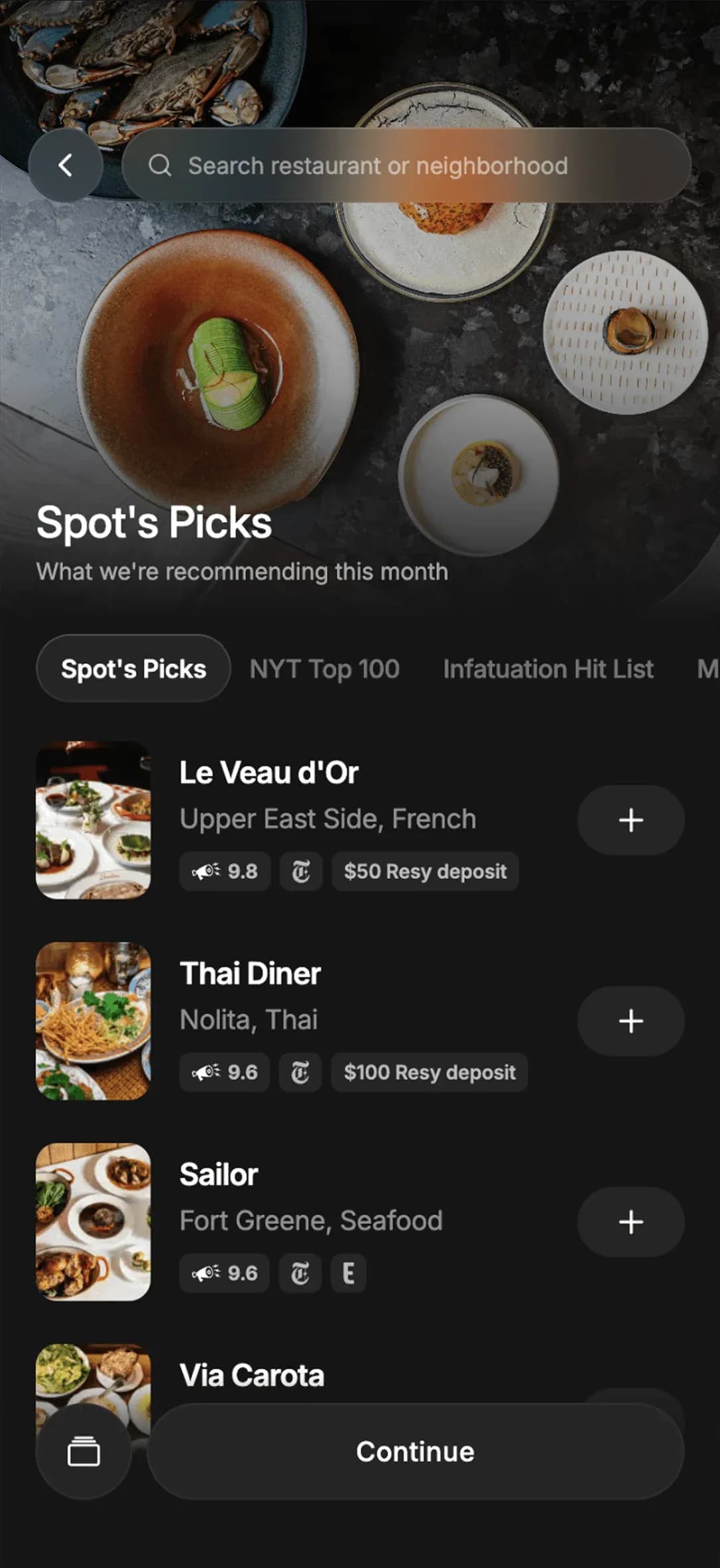 Spot app screen listing its restaurant picks for the month, including Le Veau d'Or and Via Carota
