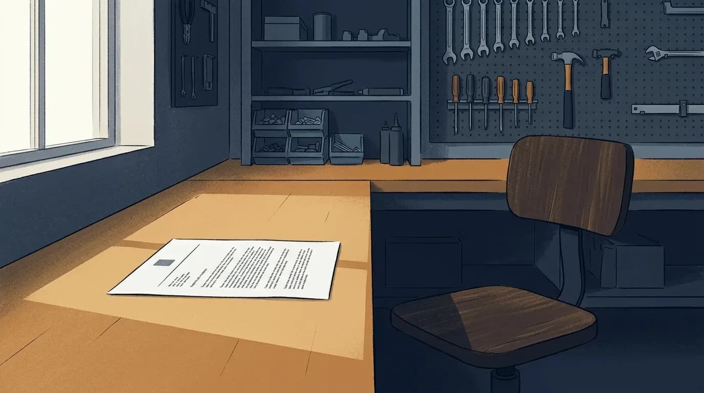 Illustration of a withdrawn official document lying in window light on a workshop bench beside racked hand tools