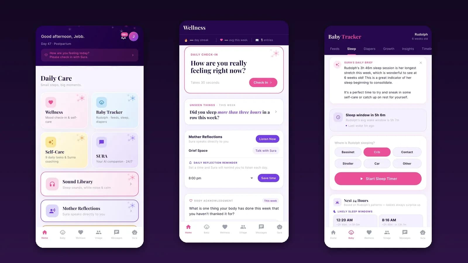 SurnaCare app screens showing Daily Care modules, wellness check-in and baby tracker