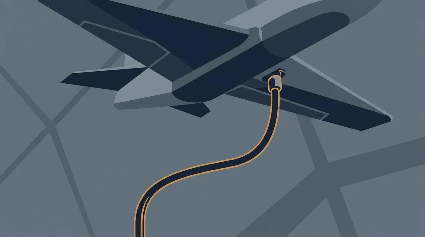Illustration of a stylised passenger aircraft viewed from above on a taxiway, with an amber fuel hose curving up to a coupling beneath its wing.