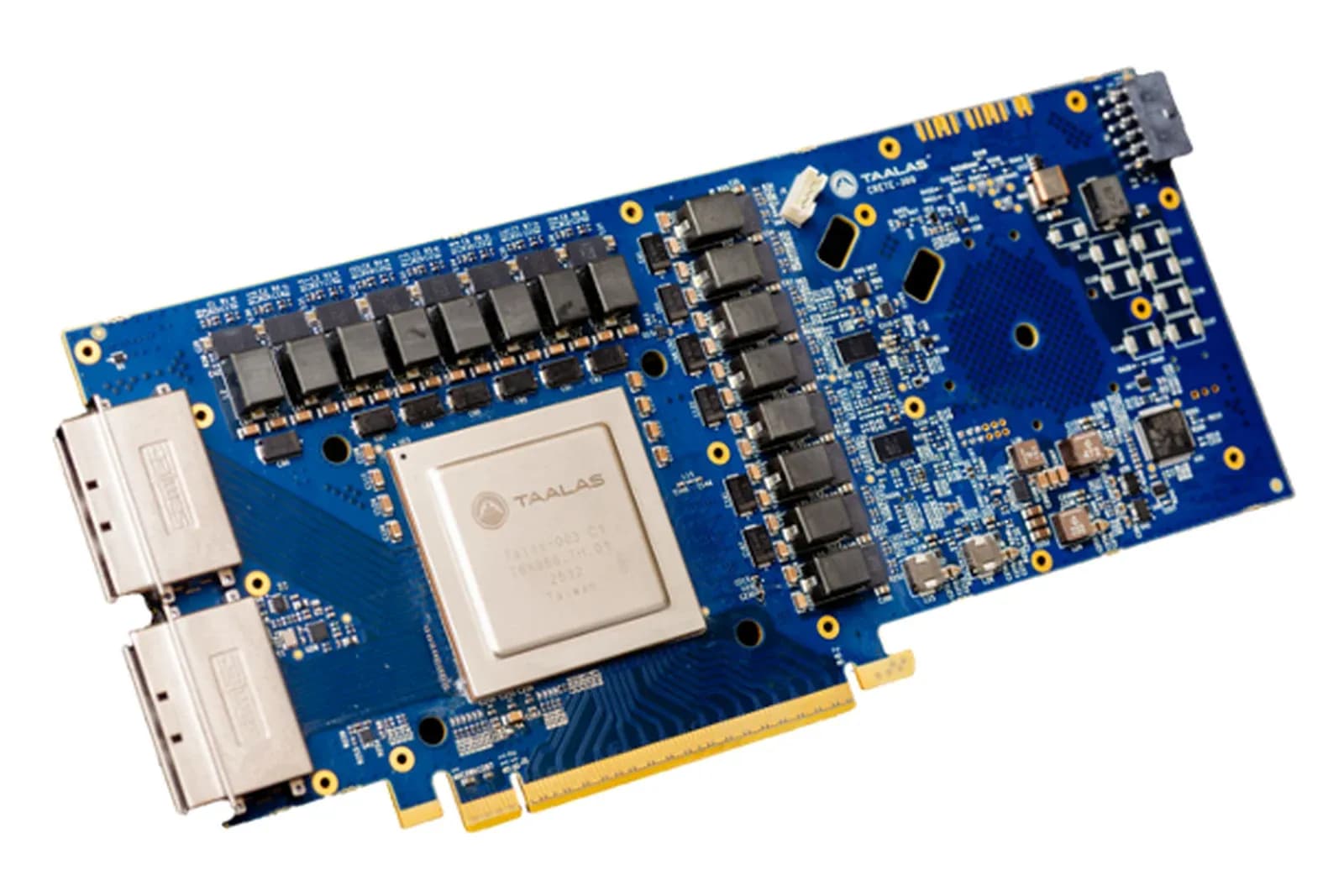 The Taalas HC1 accelerator card, showing the TAALAS-branded chip that carries Meta's Llama 3.1 8B hard-wired into its silicon