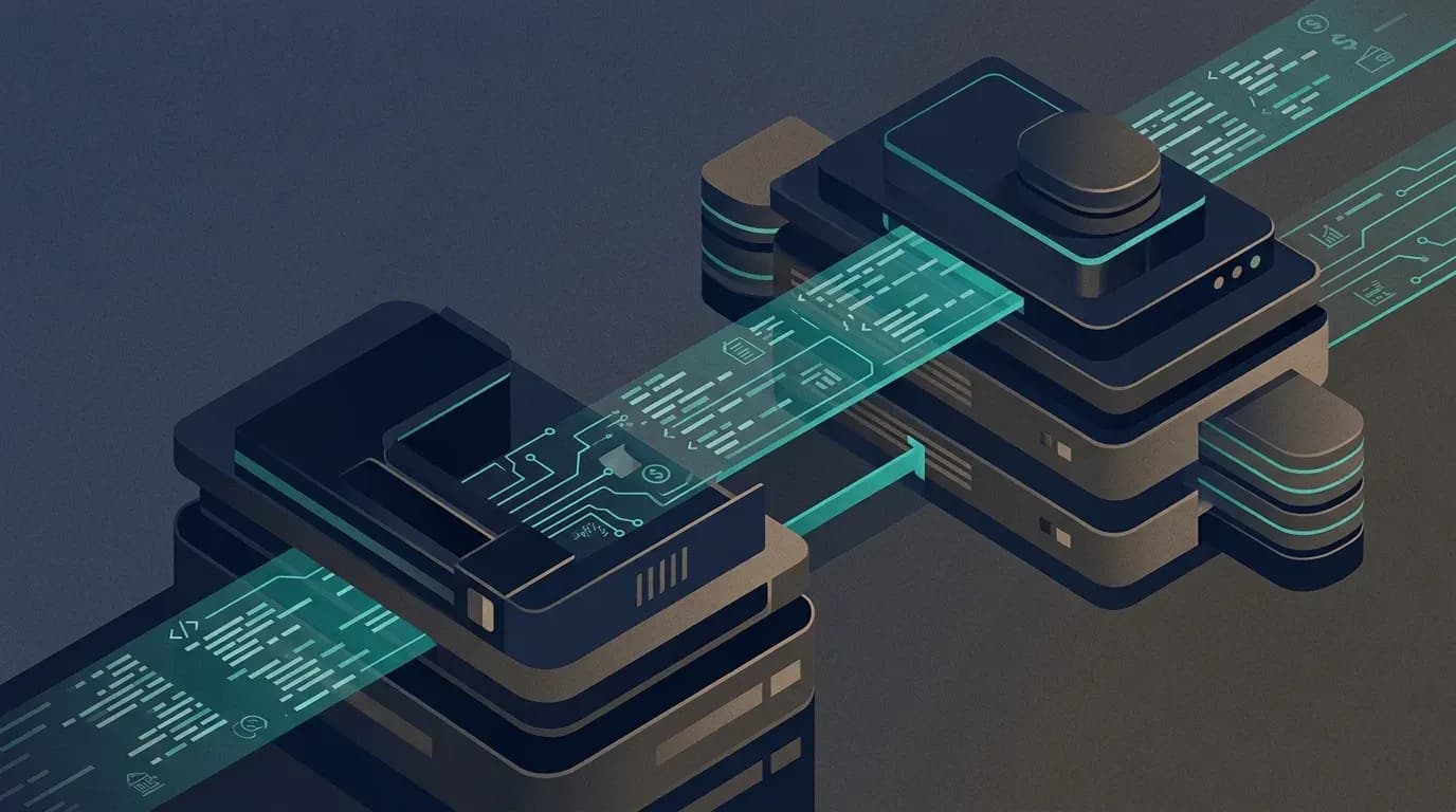 Illustration showing AI data streams connecting tax software knowledge bases via a standardized protocol