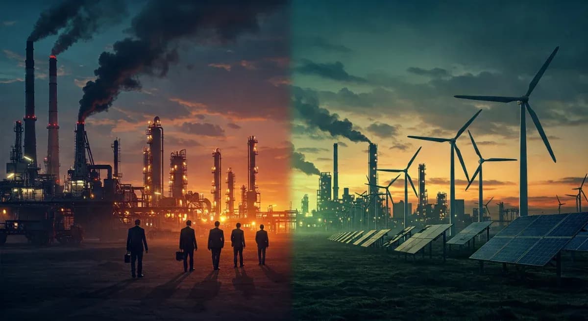 Energy executives walking away from renewable installations toward oil refineries, symbolizing corporate retreat from climate commitments in a split-screen widescreen format showing fossil fuels versus green energy