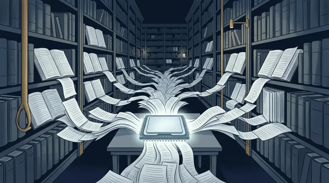Illustration of pages from old library books streaming into a single glowing computer chip.