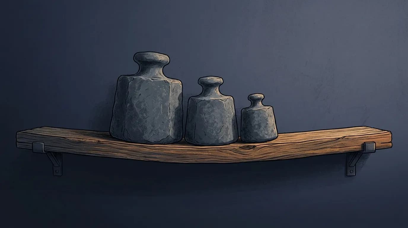 Illustration of three stone weights of different sizes resting on a single wooden shelf that bows under them