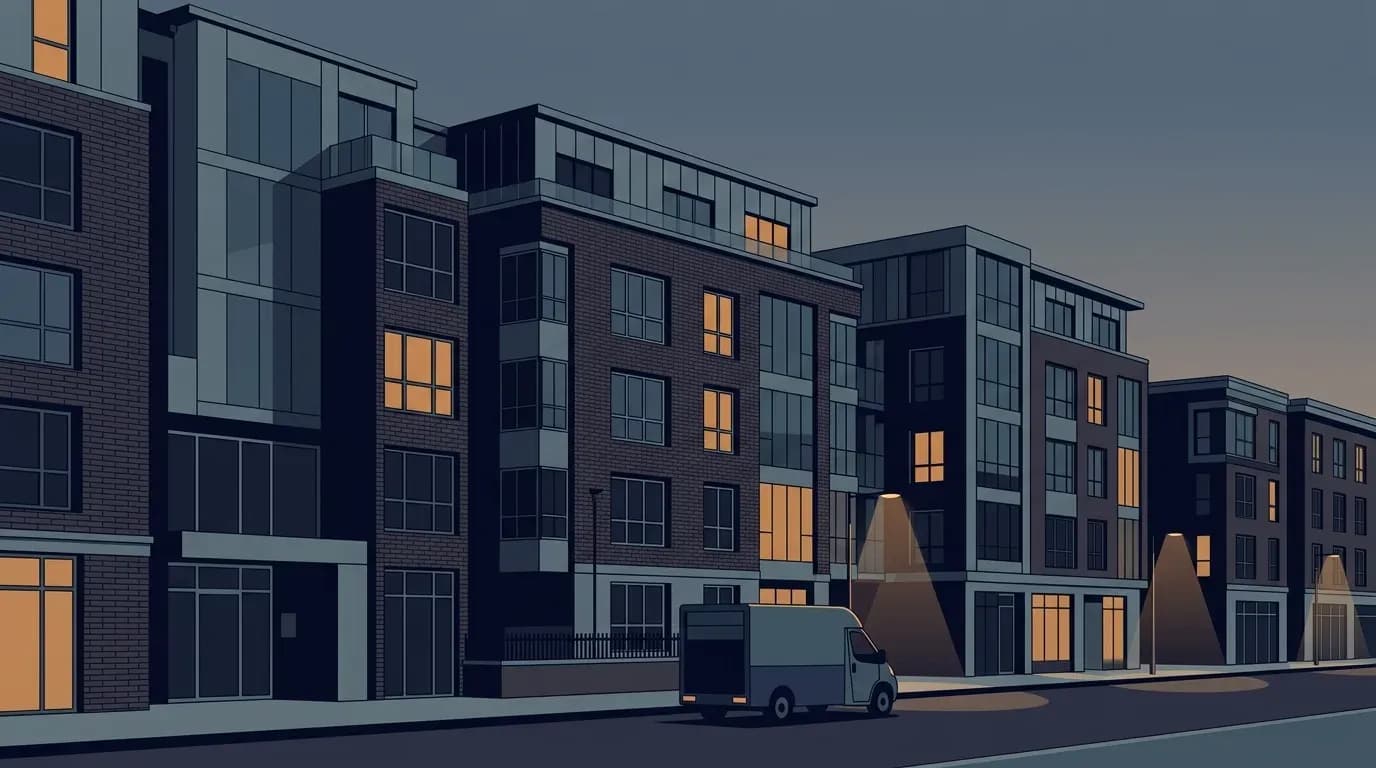 Illustration of a row of apartment buildings at dusk with a moving van parked outside, representing the US rental market