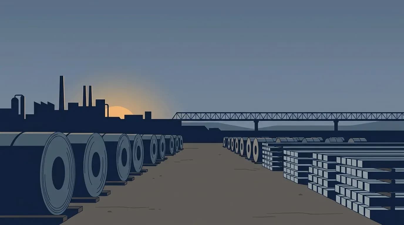 Illustration of a steel yard at dawn with rows of rolled coils and stacked metal bars beside a rail truss bridge and a factory silhouette.