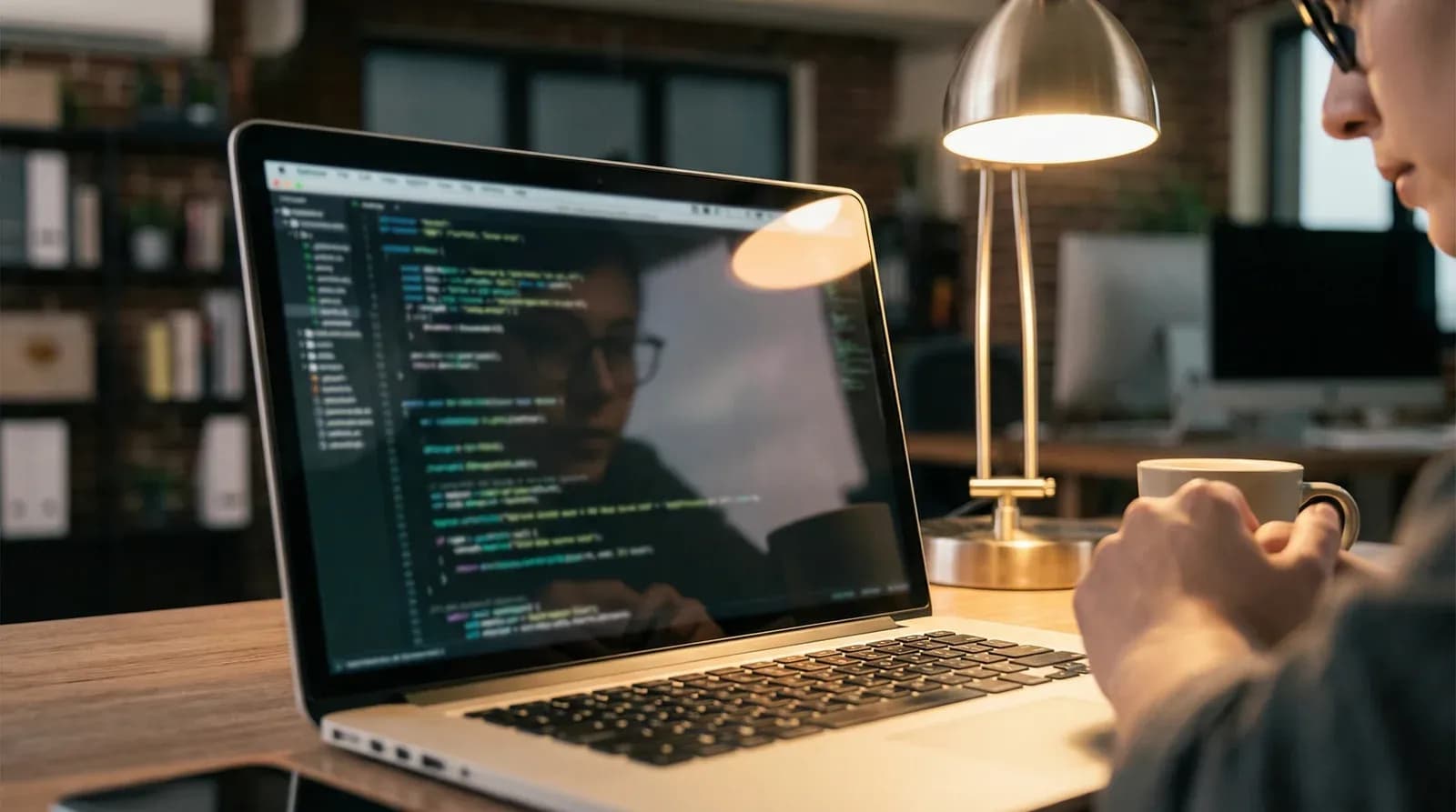 AI-generated code on a laptop screen in a dimly lit office, illustrating the vibe coding trend