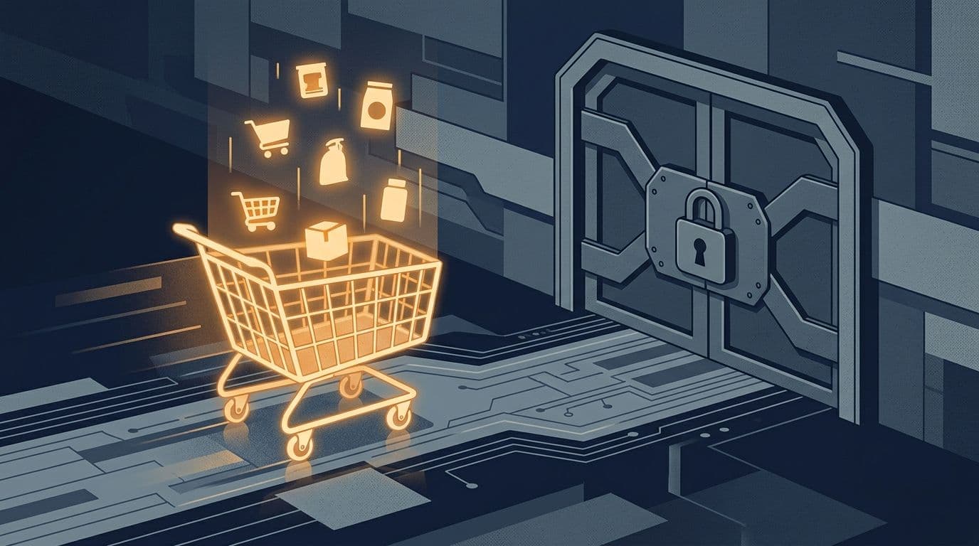 Illustration of a glowing shopping cart moving toward a locked payment gate.