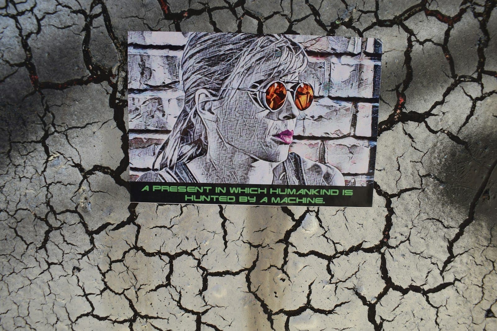 Sketch of woman with sunglasses and text
