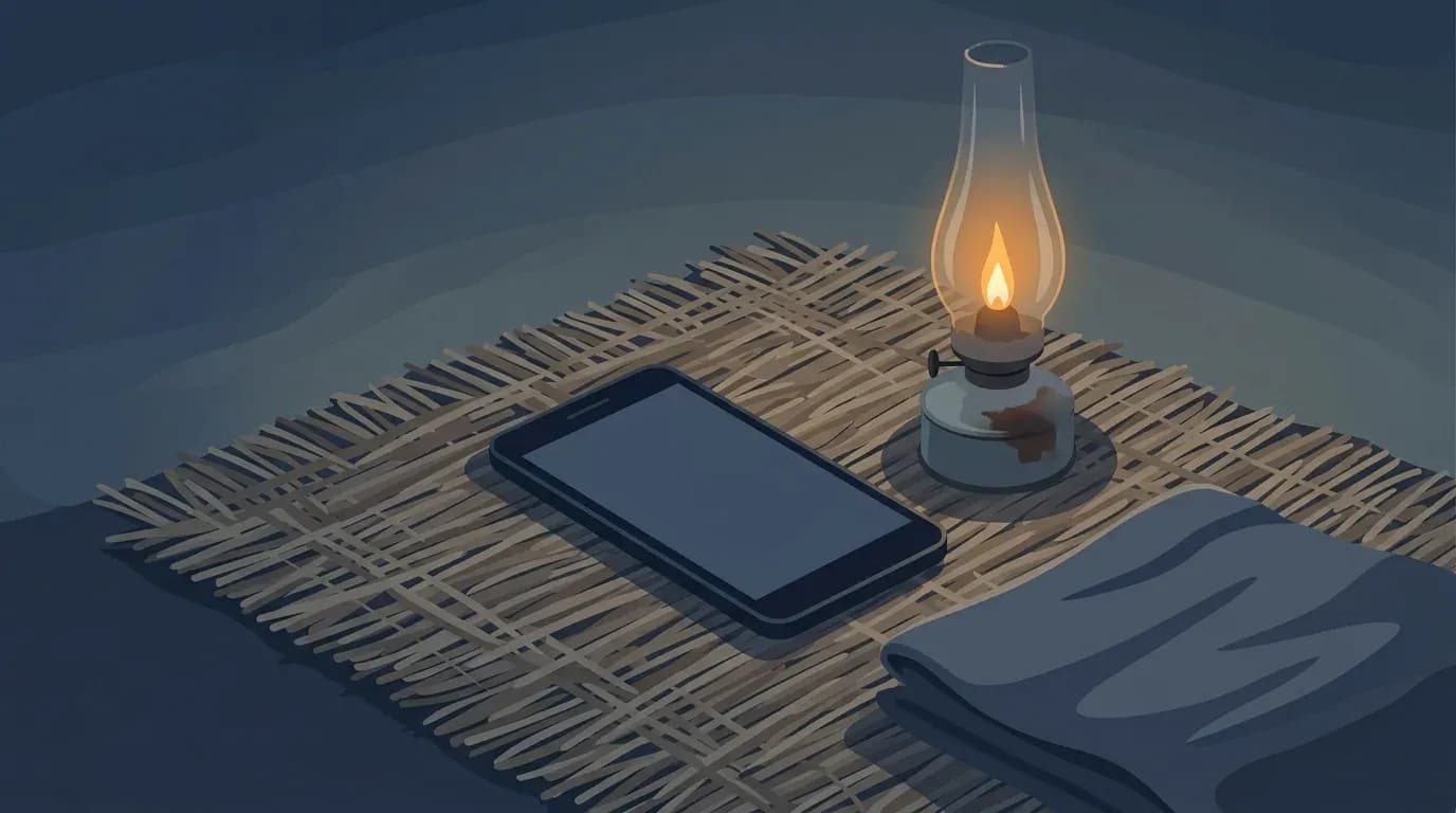 Illustration of a mobile phone with a blank screen resting on a woven mat beside a small kerosene lamp