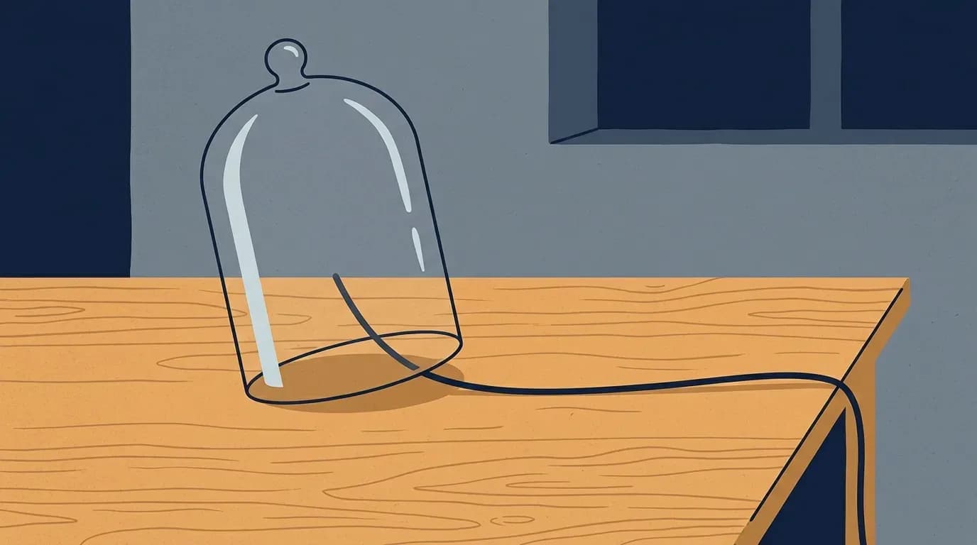 Illustration of a glass cover on a desk with a thin cord slipping out from underneath and running off the edge