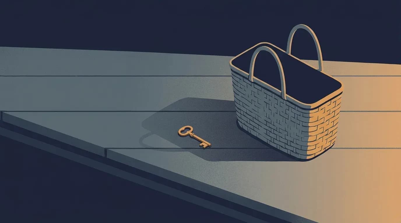 Illustration of a small brass key on a wooden counter beside an empty woven shopping bag