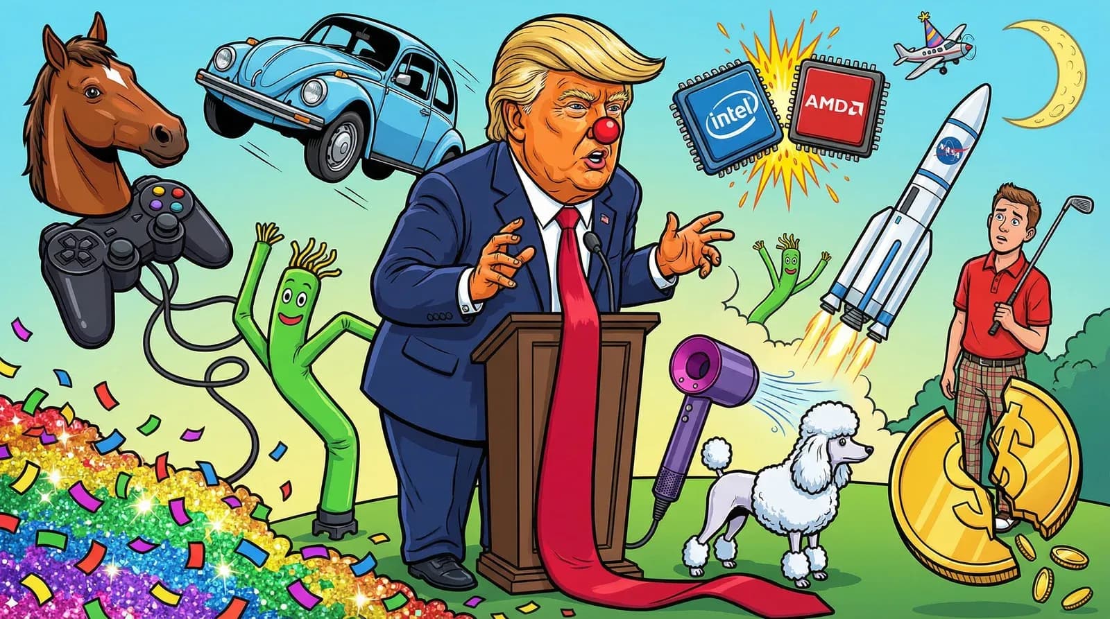 Pop-art editorial cartoon collage of April Fools Day 2026 headlines