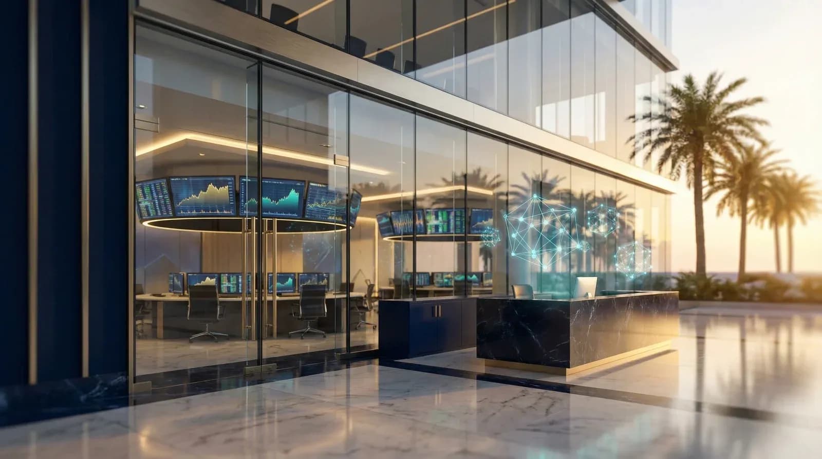 Modern financial office building in the Cayman Islands with trading screens and blockchain visualizations