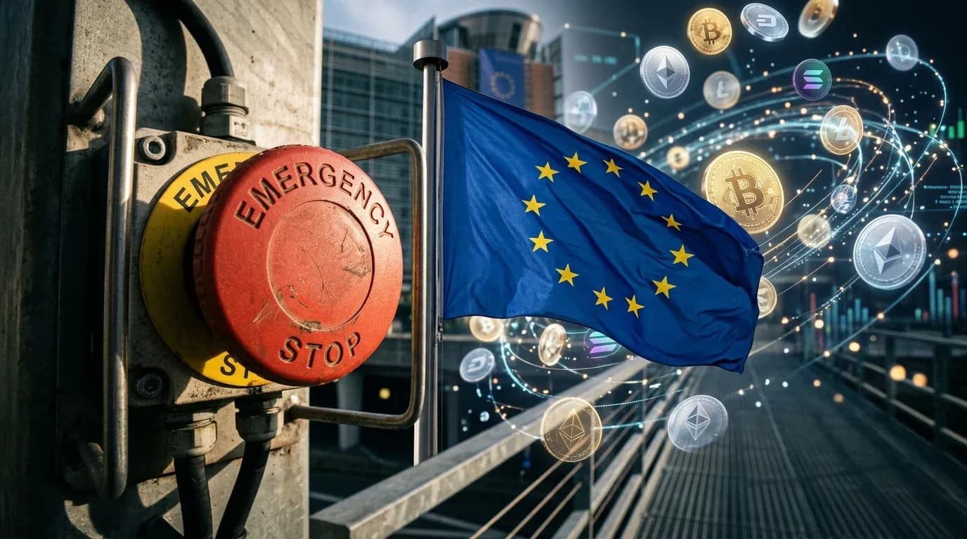 EU flag with emergency stop button and cryptocurrency elements representing the proposed stablecoin kill switch
