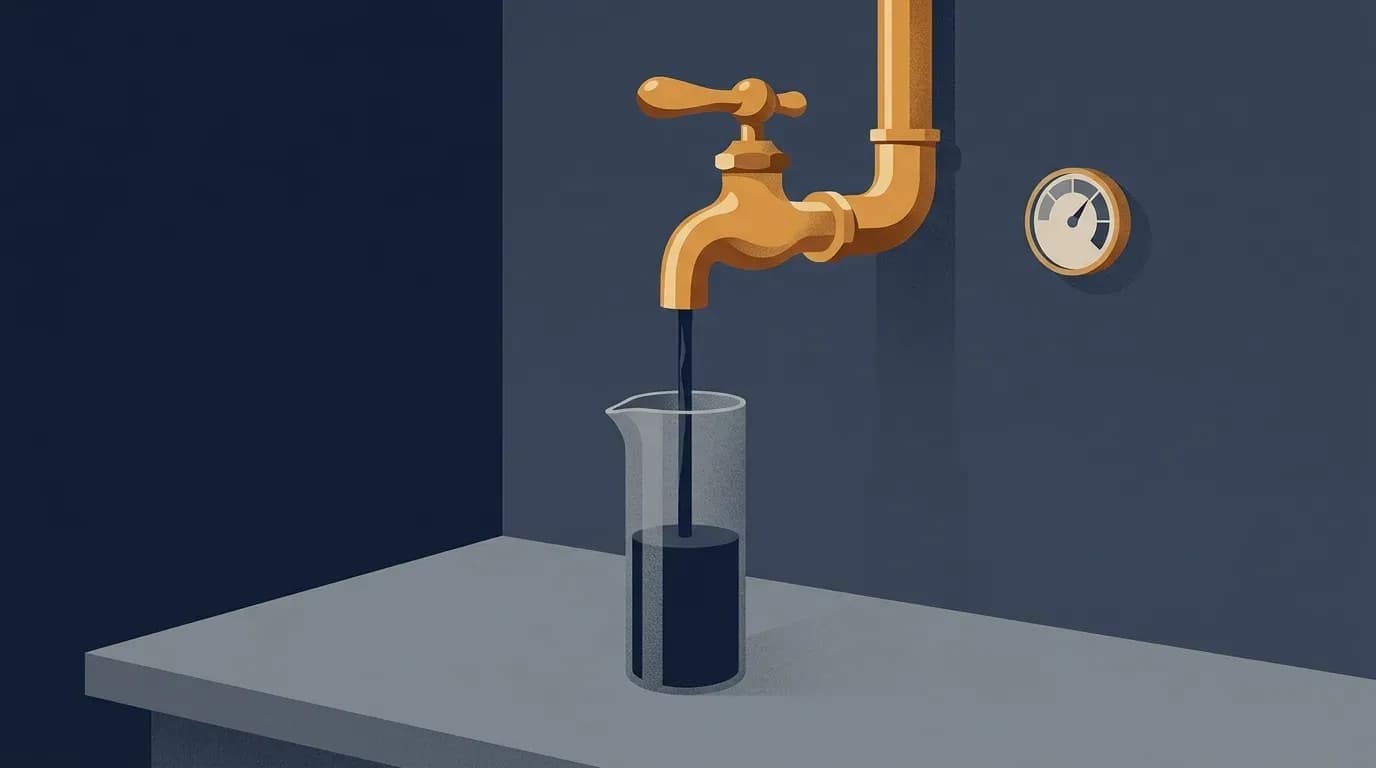 Illustration of a brass tap narrowed to a thin stream filling a measuring jug beside a wall dial