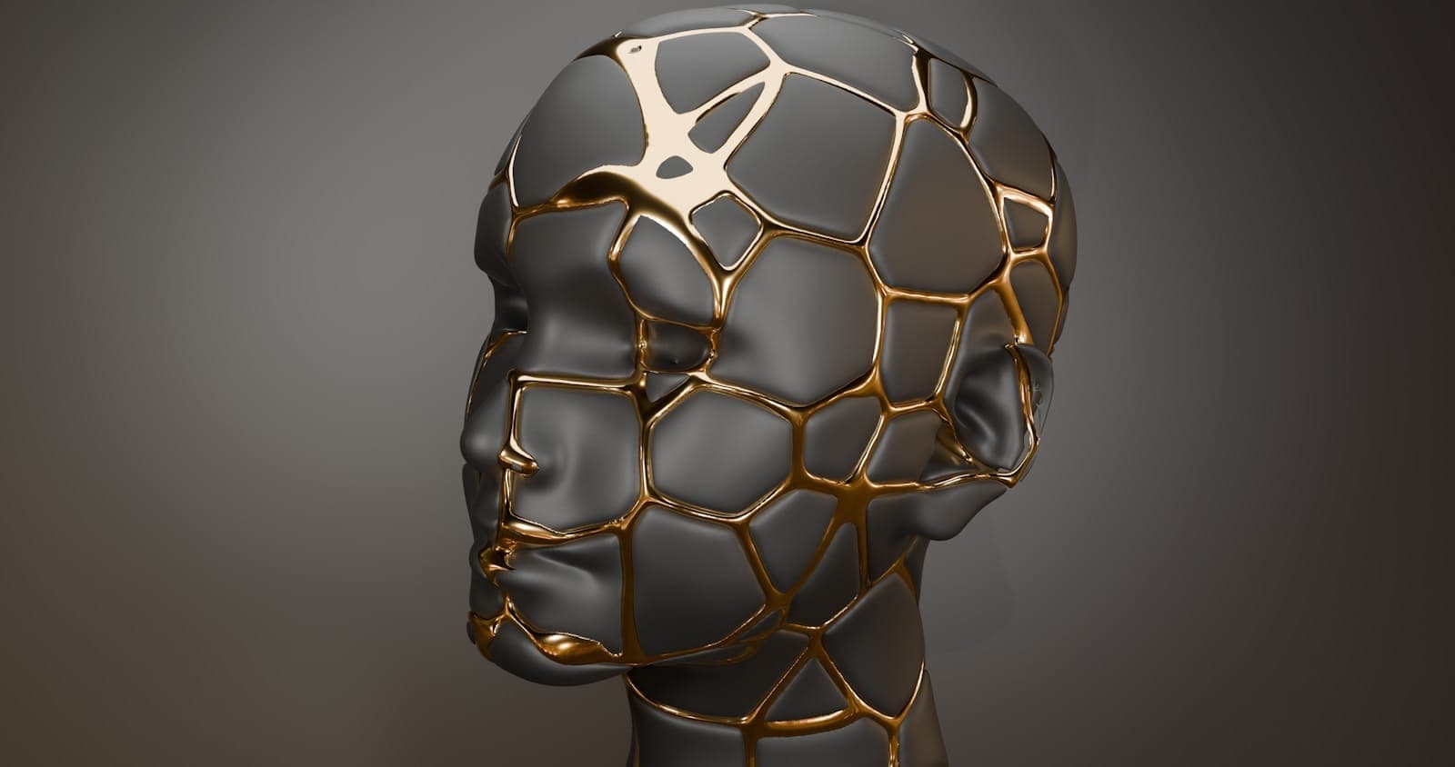 Cracked human head sculpture with gold kintsugi repairs
