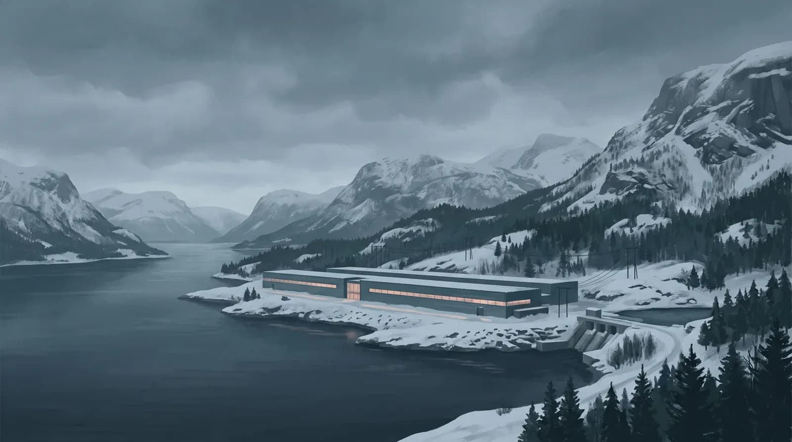 Illustration of a long, low data centre building beside a fjord in a snowy Norwegian mountain landscape, its window bands glowing warm from the servers inside.