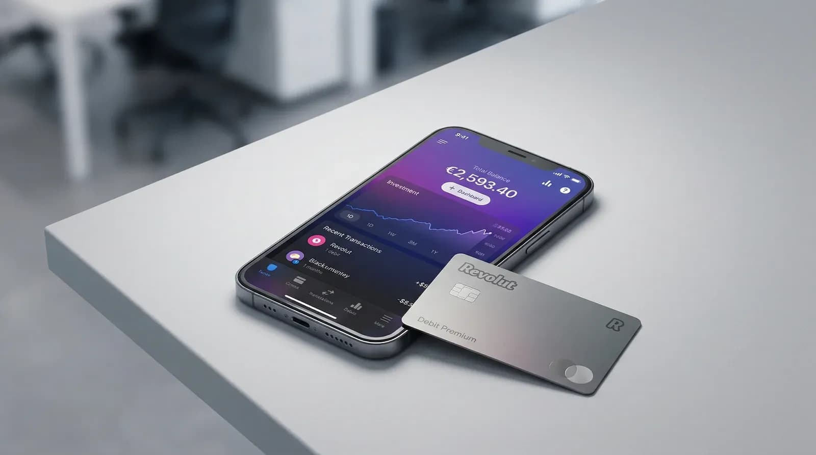 Revolut fintech app and card displaying financial dashboard