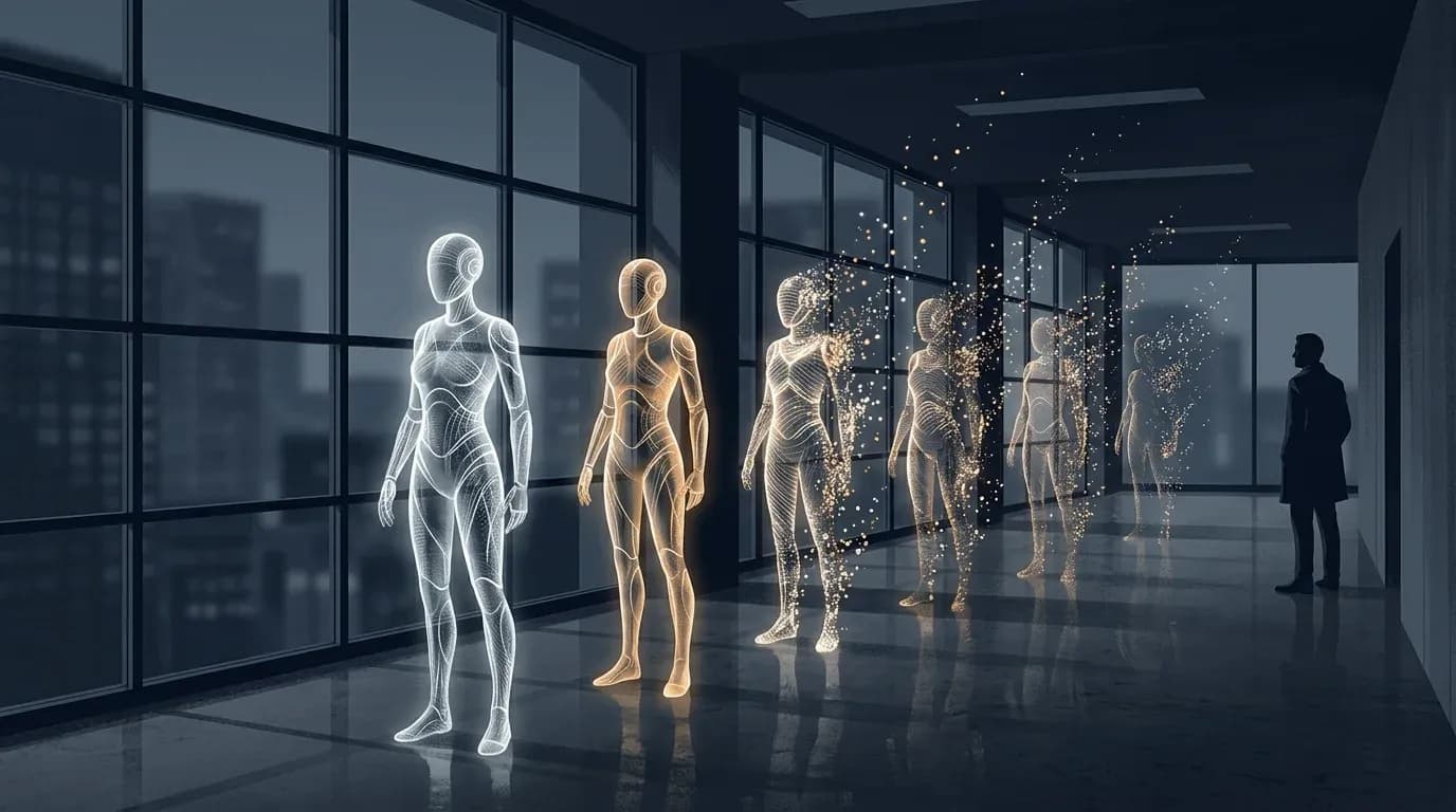 Illustration of translucent AI agent figures dissolving in a dark enterprise office corridor while a person watches
