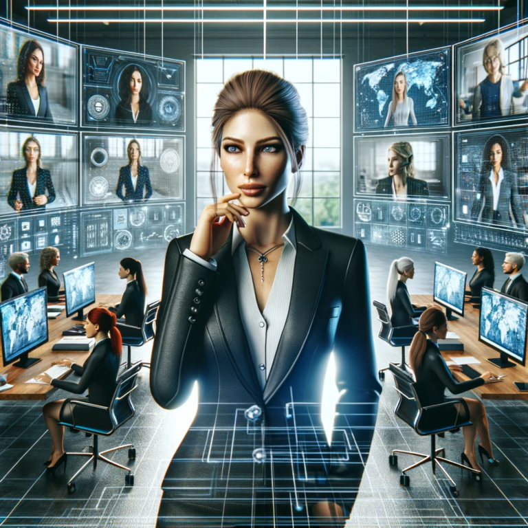 a digital artwork of a confident avatar surrounded by diverse virtual screens, each displaying engaged team members in a harmonious, connected, and brightly-lit networked workspace