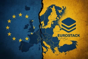 Illustration representing Europe's fragmented digital infrastructure and strategic dependency on foreign technology providers