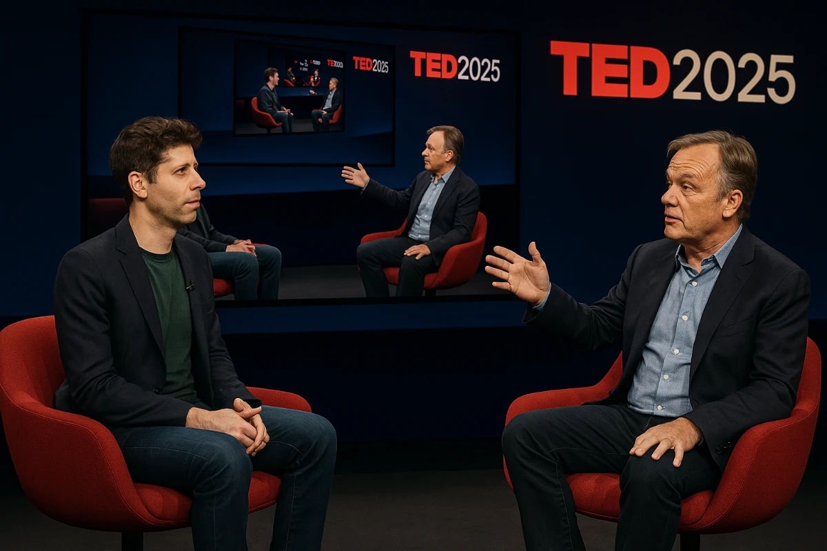 Sam Altman at TED2025: Great technology, concerning governance. 1 Sam Altman (left) and Chris Anderson (right) on the TED2025 stage with red chairs, featuring a recursive screen in the background showing the same interview scene.