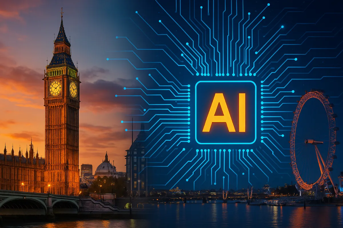 The Promise and Pressure of the UK’s AI Aspirations 1 London skyline at sunset featuring Big Ben and the London Eye with a digital AI circuit overlay, symbolising Britain's artificial intelligence aspirations