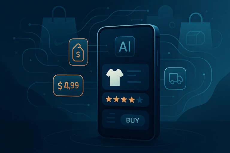 When Machines Shop: Preparing Your Business for AI-Powered Buyers 1 Smartphone displaying AI-powered shopping interface with product selection, price, ratings and buy button, surrounded by floating data elements and network connections on dark blue background